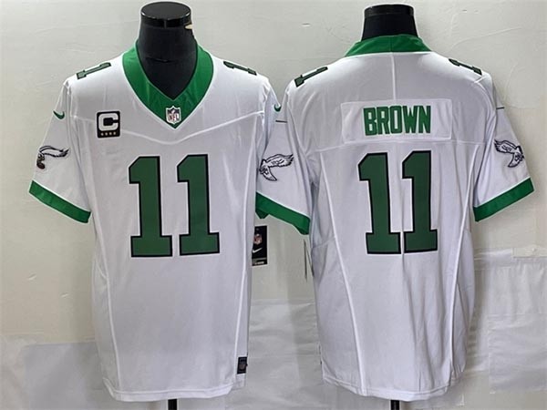 Men's Philadelphia Eagles #11 A. J. Brown White 2023 F.U.S.E. With C Patch Vapor Untouchable Stitched Football Jersey