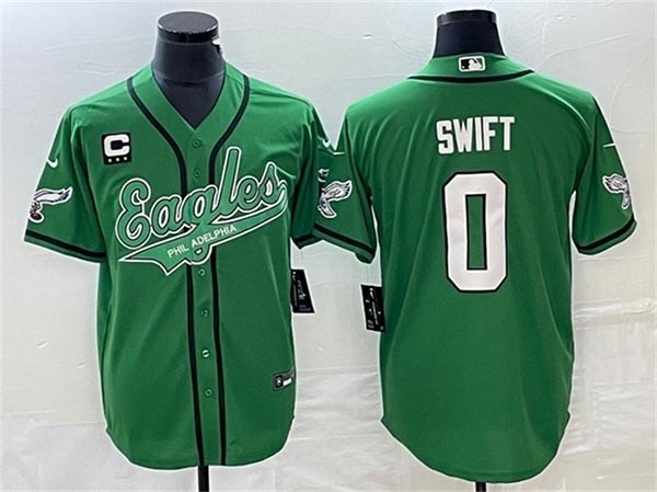 Men's Philadelphia Eagles #0 D'andre Swift Kelly Green With C Patch Cool Base Stitched Baseball Jersey