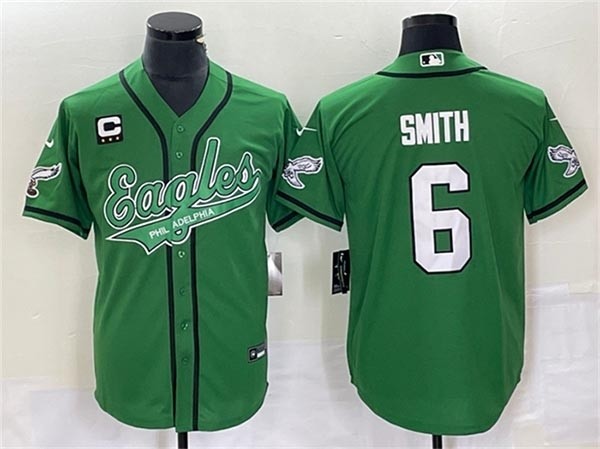 Men's Philadelphia Eagles #6 DeVonta Smith Kelly Green With C Patch Cool Base Stitched Baseball Jersey