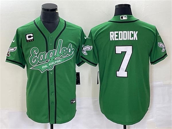 Men's Philadelphia Eagles #7 Haason Reddick Kelly Green With C Patch Cool Base Stitched Baseball Jersey