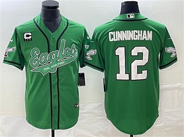 Men's Philadelphia Eagles #12 Randall Cunningham Kelly Green With C Patch Cool Base Stitched Baseball Jersey