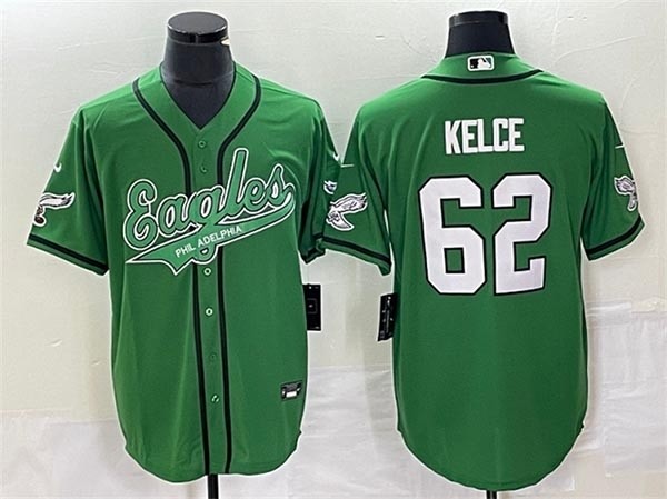 Men's Philadelphia Eagles #62 Jason Kelce Kelly Green Cool Base Stitched Baseball Jersey