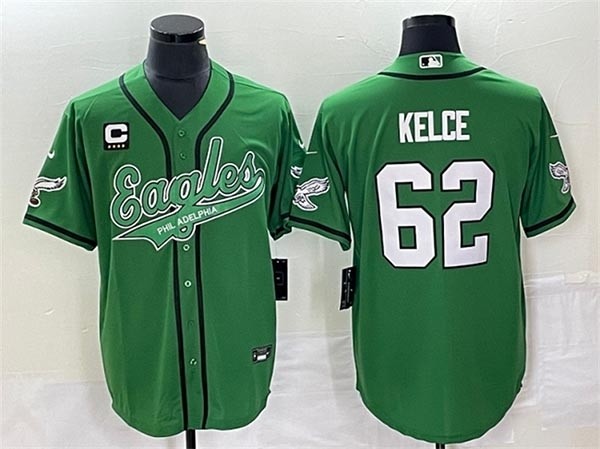 Men's Philadelphia Eagles #62 Jason Kelce Kelly Green With C Patch Cool Base Stitched Baseball Jersey