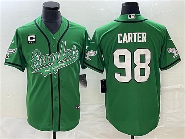 Men's Philadelphia Eagles #98 Jalen Carter Kelly Green With C Patch Cool Base Stitched Baseball Jersey