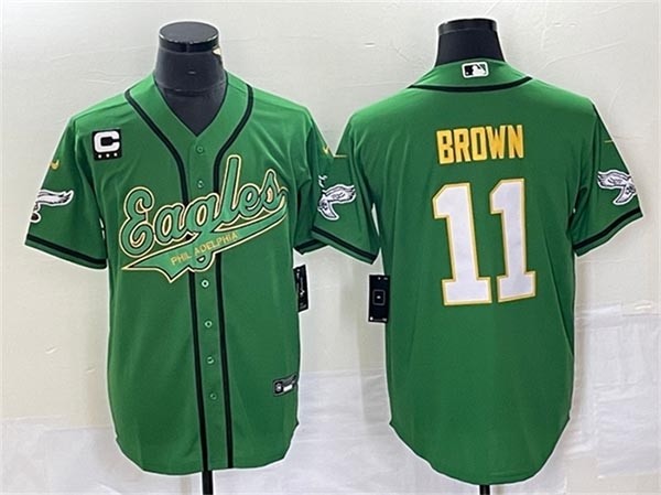 Men's Philadelphia Eagles #11 A.J.Brown Green Gold With C Patch Cool Base Stitched Baseball Jersey