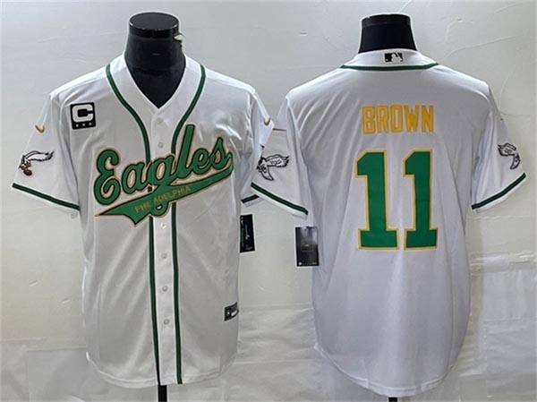 Men's Philadelphia Eagles #11 A.J.Brown White Gold With C Patch Cool Base Stitched Baseball Jersey