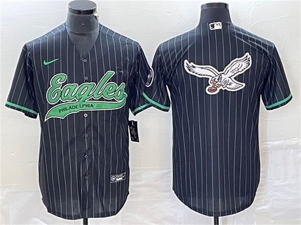 Men's Philadelphia Eagles Black Stripe Team Big Logo Cool Base Stitched Baseball Jersey