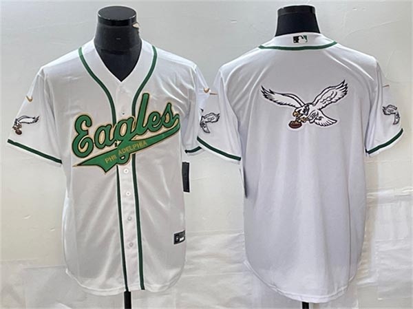 Men's Philadelphia Eagles White Gold Team Big Logo Cool Base Stitched Baseball Jersey