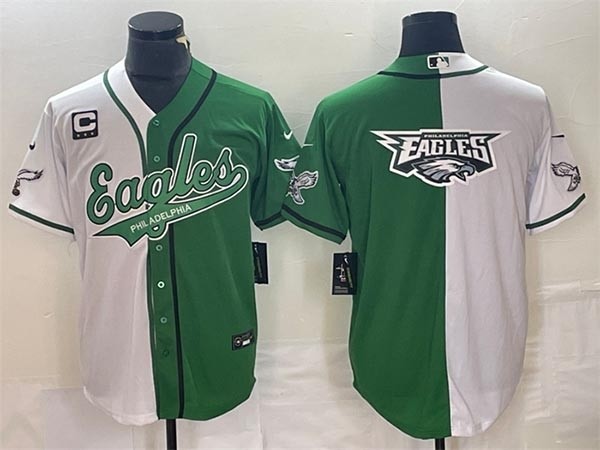 Men's Philadelphia Eagles Green White Split Team Big Eagles Logo With 3-Star C Patch Cool Base Stitched Baseball Jersey