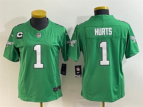 Women's Philadelphia Eagles #1 Jalen Hurts Green 2023 F.U.S.E. With C Patch Stitched Football Jersey(Run Small)