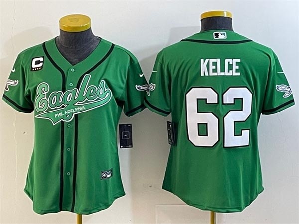 Women's Philadelphia Eagles #62 Jason Kelce Green With 4-Star C Patch Cool Base Stitched Baseball Jersey(Run Small)