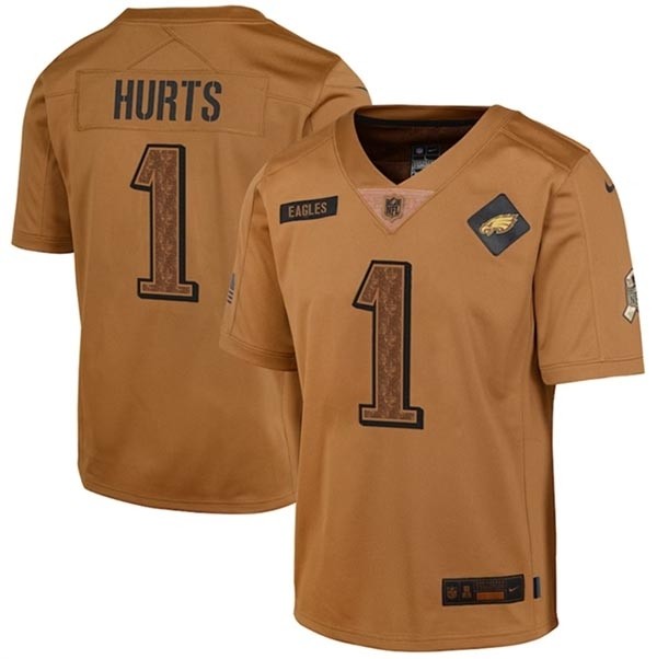 Youth Philadelphia Eagles #1 Jalen Hurts 2023 Brown Salute To Service Limited Stitched Football Jersey