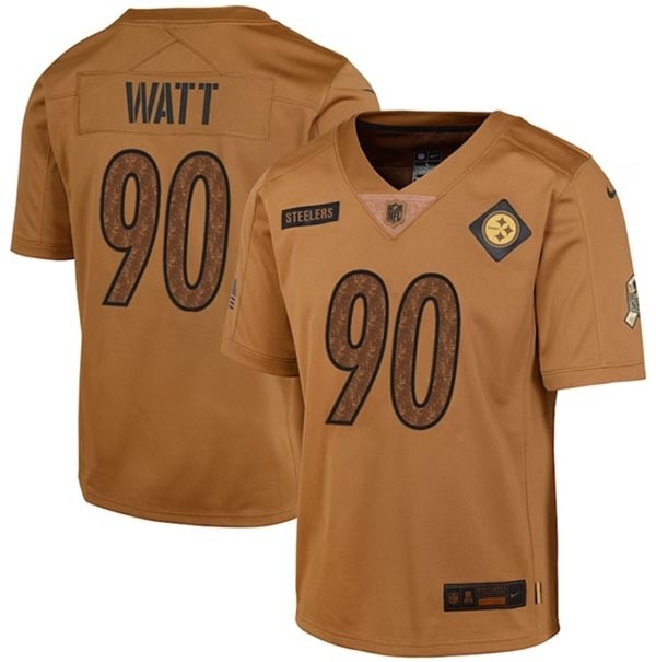 Youth Pittsburgh Steelers #90 T.J. Watt 2023 Brown Salute To Service Limited Stitched Football Jersey