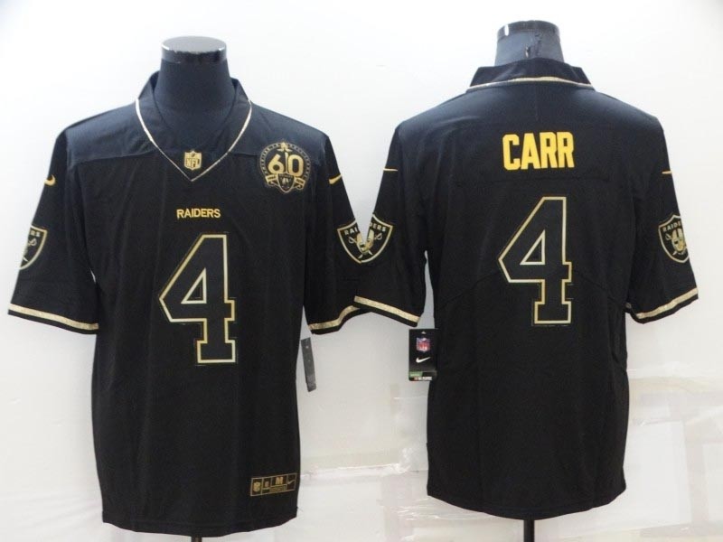 Men's Las Vegas Raiders #4 Derek Carr Black Gold With 60th Anniversary Patch Vapor Limited Stitched Jersey