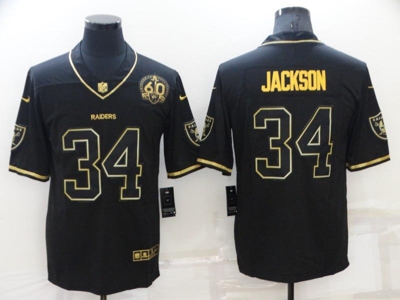 Men's Las Vegas Raiders #34 Bo Jackson Black Gold With 60th Anniversary Patch Vapor Limited Stitched Jersey