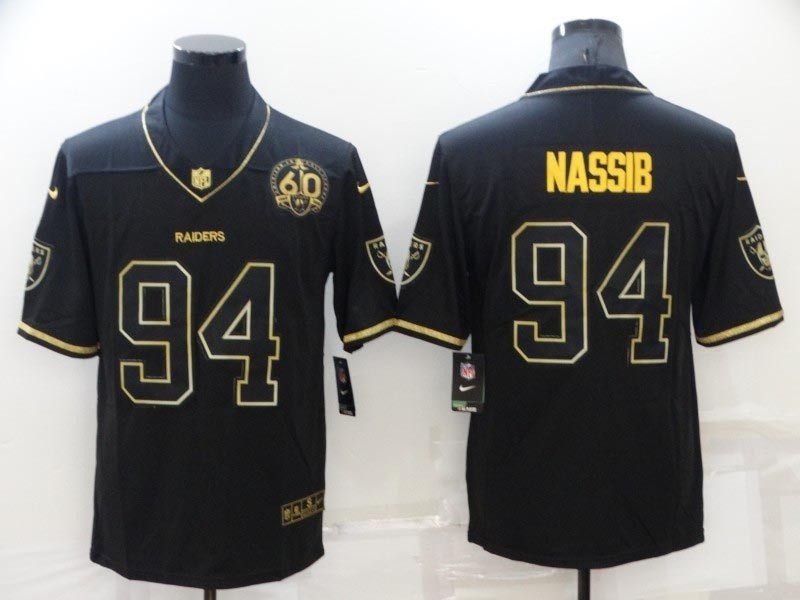 Men's Las Vegas Raiders #94 Carl Nassib Black Gold With 60th Anniversary Patch Vapor Limited Stitched Jersey