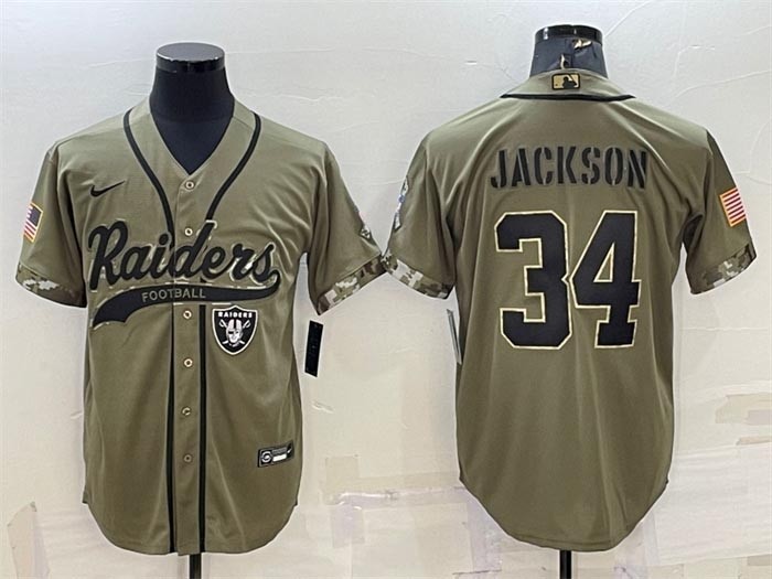 Men's Las Vegas Raiders #34 Bo Jackson 2022 Olive Salute To Service Cool Base Stitched Baseball Jersey