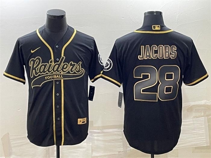 Men's Las Vegas Raiders #28 Josh Jacobs Black Gold With Patch Cool Base Stitched Baseball Jersey