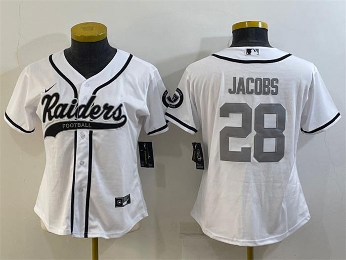 Women's Las Vegas Raiders #28 Josh Jacobs White Silver With Patch Cool Base Stitched Baseball Jersey(Run Small)