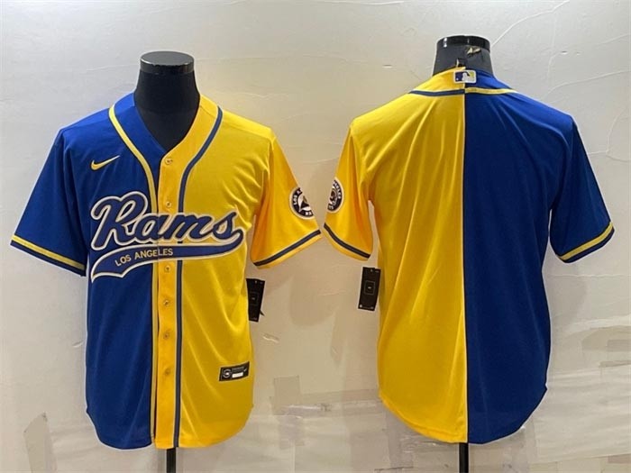 Men's Los Angeles Rams Blank Royal Yellow Split With Patch Cool Base Stitched Baseball Jersey