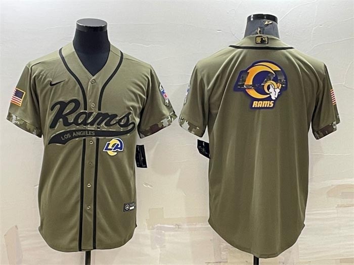 Men's Los Angeles Rams Olive Salute To Service Team Big Logo Cool Base Stitched Baseball Jersey