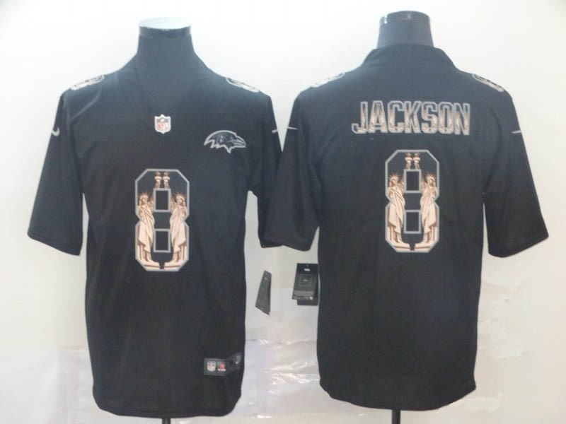 NFL Ravens #8 Lamar Jackson Black Statue Of Liberty Limited Jersey