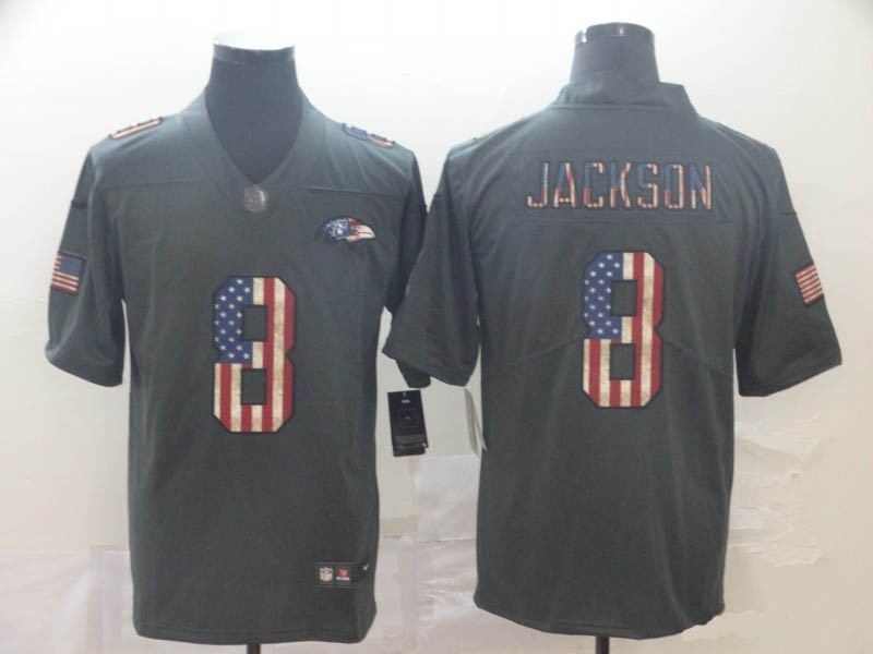 NFL Ravens #8 Lamar Jackson Grey Salute To Service USA Flag Fashion Limited Jersey