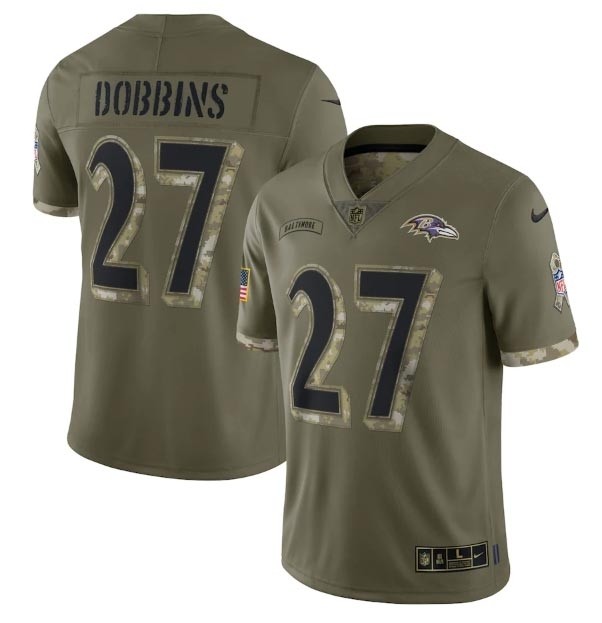 Men's Baltimore Ravens #27 J.K. Dobbins Olive 2022 Salute To Service Limited Stitched Jersey