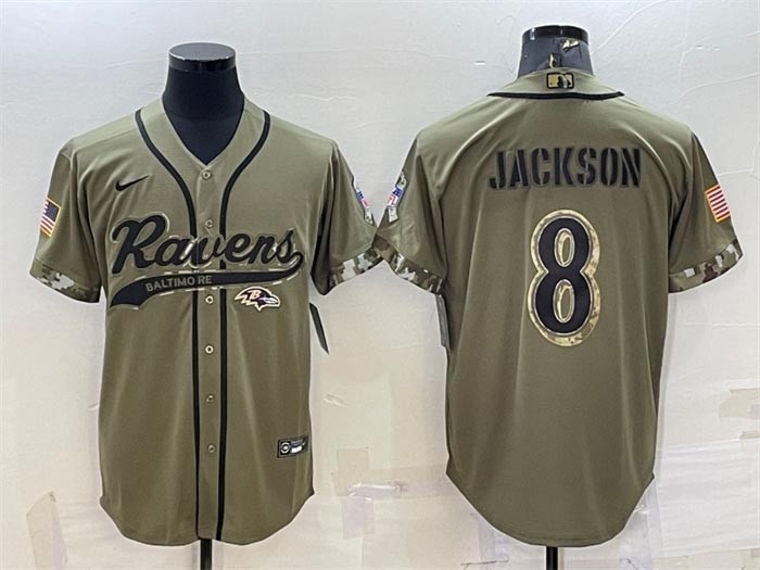 Men's Baltimore Ravens #8 Lamar Jackson Olive 2022 Salute To Service Cool Base Stitched Baseball Jersey