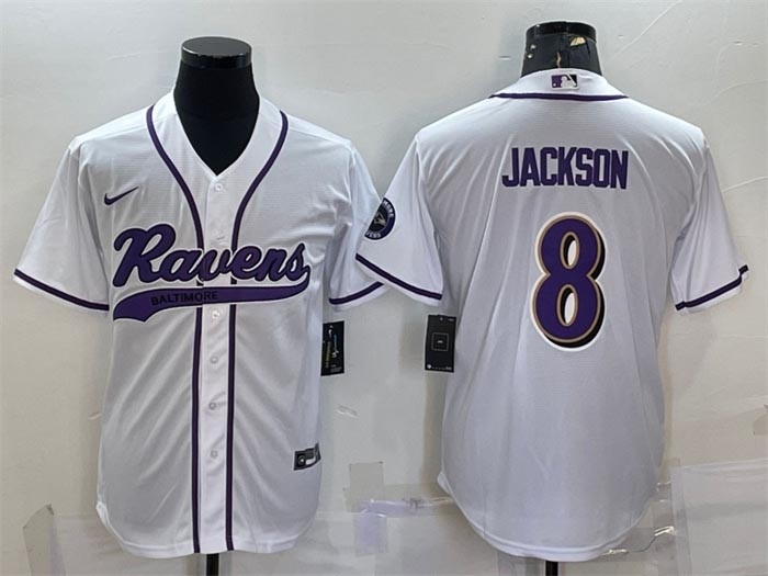 Men's Baltimore Ravens #8 Lamar Jackson White With Patch Cool Base Stitched Baseball Jersey