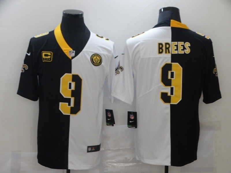 Nike Saints #9 Drew Brees Black And White Split C Patch Vapor Untouchable Limited Jersey