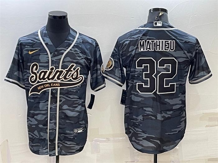 NFL New Orleans Saints #32 Tyrann Mathieu Grey Camo With Patch Cool Base Stitched Baseball Jersey