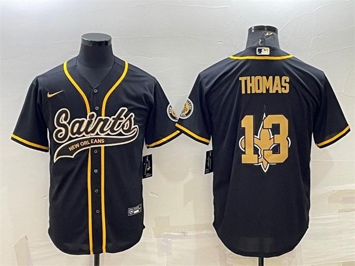 Men's New Orleans Saints #13 Michael Thomas Black Team Big Logo With Patch Cool Base Stitched Baseball Jersey