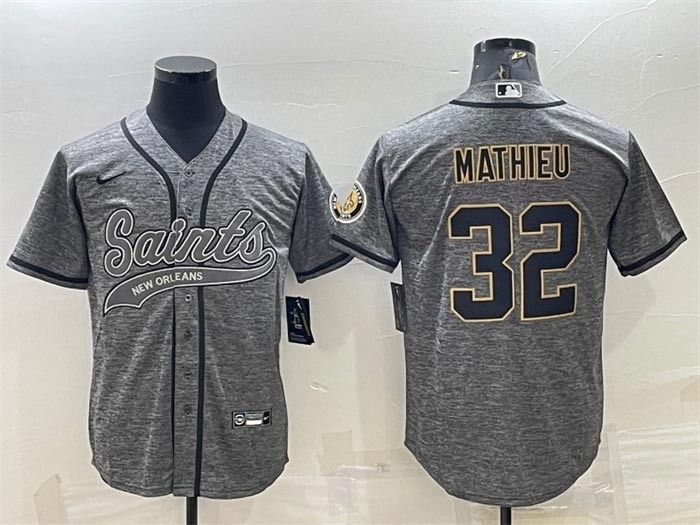 Men's New Orleans Saints #32 Tyrann Mathieu Grey With Patch Cool Base Stitched Baseball Jersey