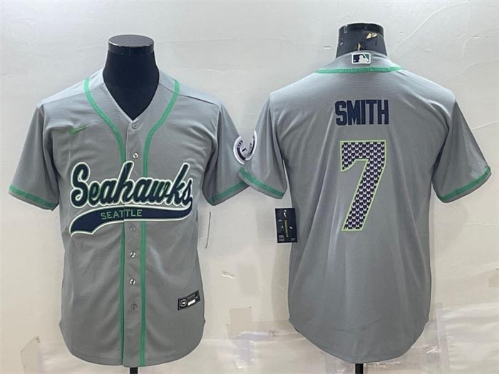 Men's Seattle Seahawks #7 Geno Smith Grey With Patch Cool Base Stitched Baseball Jersey