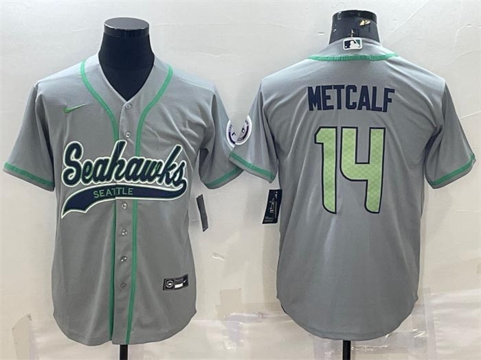 Men's Seattle Seahawks #14 DK Metcalf Grey With Patch Cool Base Stitched Baseball Jersey