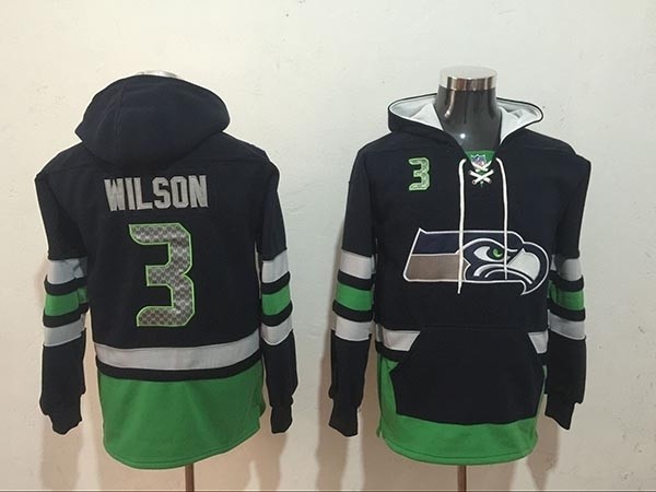 NFL Seattle Seahawks #3 Russell Wilson Navy Blue All Stitched Hooded Sweatshirt