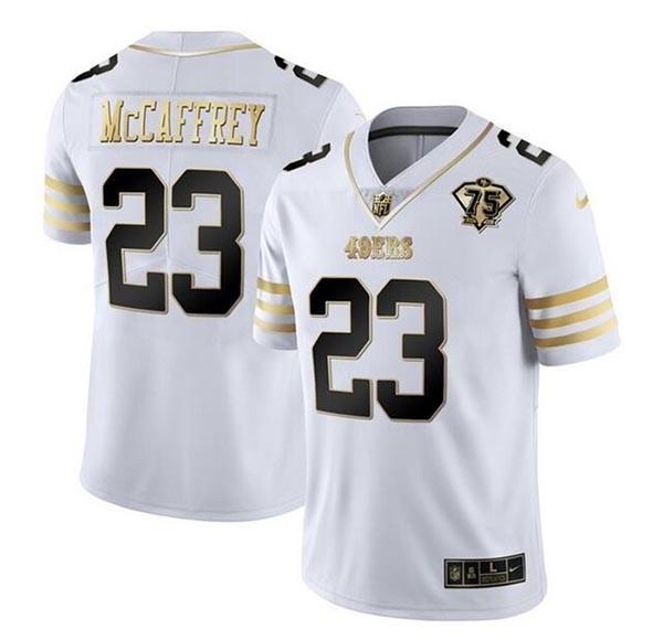 Men's San Francisco 49ers #23 Christian McCaffrey White Gold With 75th Patch Stitched Jersey