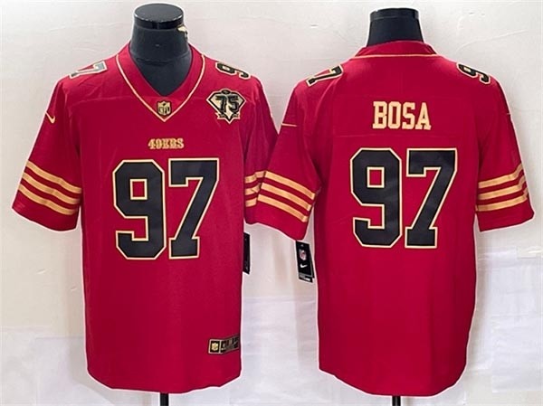 Men's San Francisco 49ers #97 Nick Bosa Red Gold With 75th Anniversary Patch Stitched Jersey