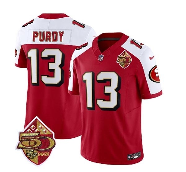 Men's San Francisco 49ers #13 Brock Purdy Red White 2023 F.U.S.E. 50th Patch Throwback Stitched Football Jersey