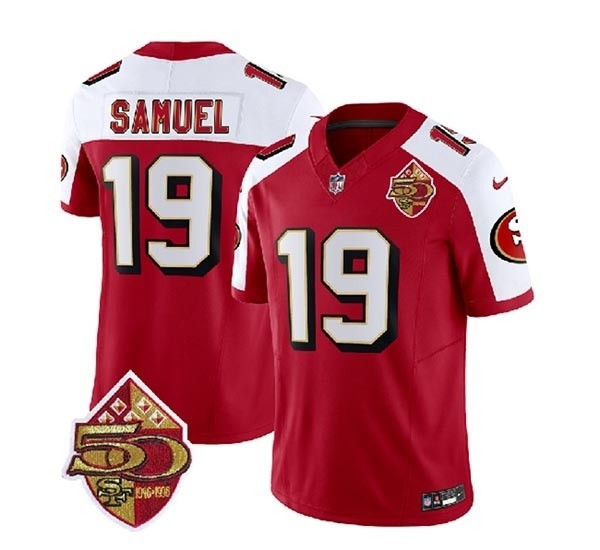 Men's San Francisco 49ers #19 Deebo Samuel Red White 2023 F.U.S.E. 50th Patch Throwback Stitched Football Jersey