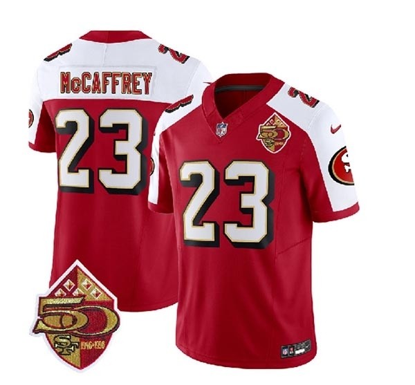 Men's San Francisco 49ers #23 Christian McCaffrey Red White 2023 F.U.S.E. 50th Patch Throwback Stitched Football Jersey