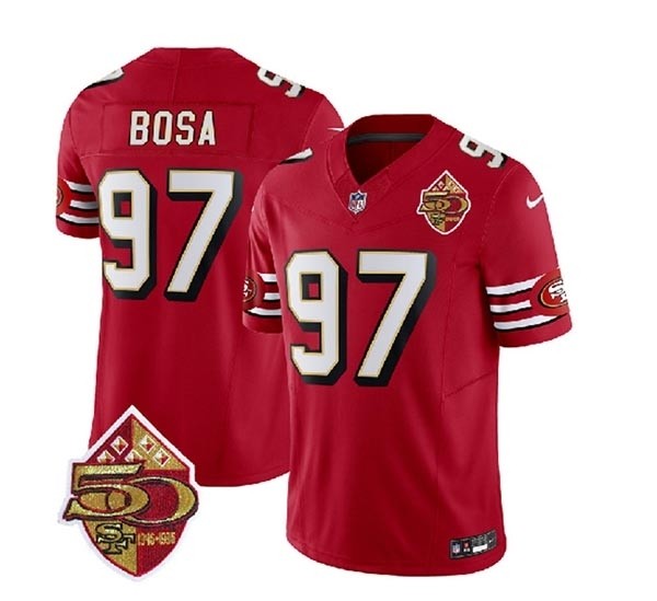 Men's San Francisco 49ers #97 Nick Bosa Red 2023 F.U.S.E. 50th Patch Throwback Stitched Football Jersey