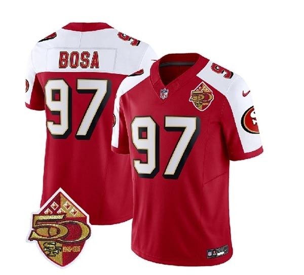 Men's San Francisco 49ers #97 Nick Bosa Red White 2023 F.U.S.E. 50th Patch Throwback Stitched Football Jersey