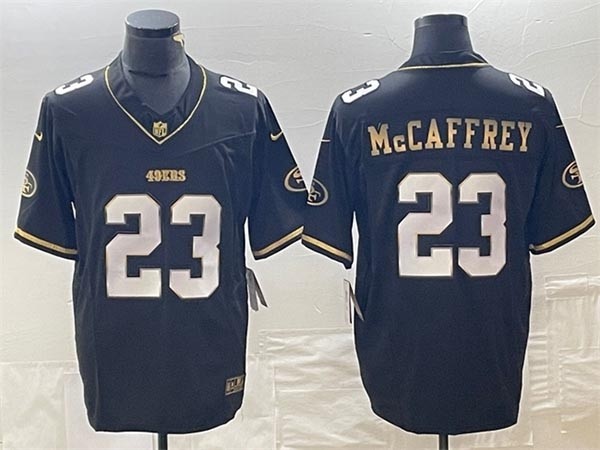 Men's San Francisco 49ers #23 Christian McCaffrey Black Gold 2023 F.U.S.E. Stitched Jersey