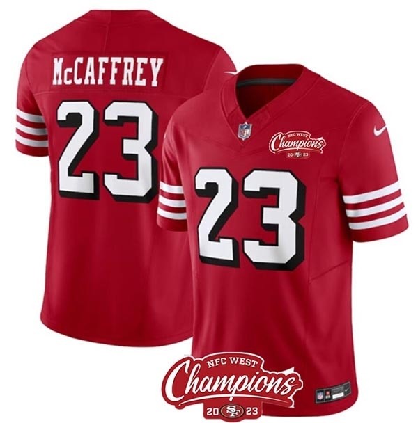 Men's San Francisco 49ers #23 Christian McCaffrey Red 2023 F.U.S.E. NFC West Champions Patch Alternate Stitched Football Jersey