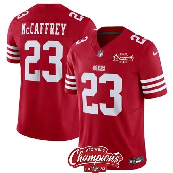 Men's San Francisco 49ers #23 Christian McCaffrey Red 2023 F.U.S.E. NFC West Champions Patch Stitched Football Jersey