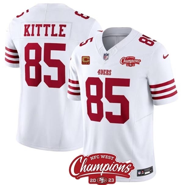 Men's San Francisco 49ers #85 George Kittle White 2023 F.U.S.E. With 4-Star C Ptach And NFC West Champions Patch Stitched Football Jersey