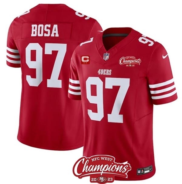 Men's San Francisco 49ers #97 Nick Bosa Red 2023 F.U.S.E. With 2-Star C Patch And NFC West Champions Patch Stitched Football Jersey