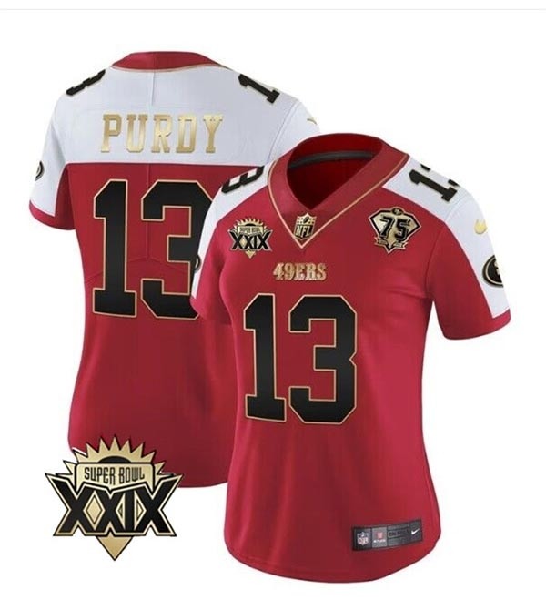 Women's San Francisco 49ers #13 Brock Purdy Red White Super Bowl XXIX Patch And 75th Anniversary Patch Stitched Game Jersey(Run Small)